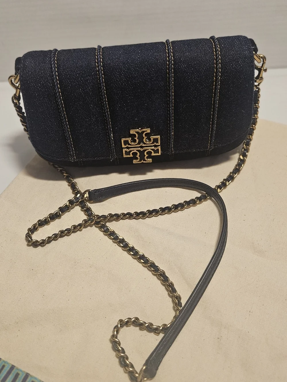 Tory Burch Britten Blue Denim Crossbody & Clutch Bag with Gold Hardware Elegant